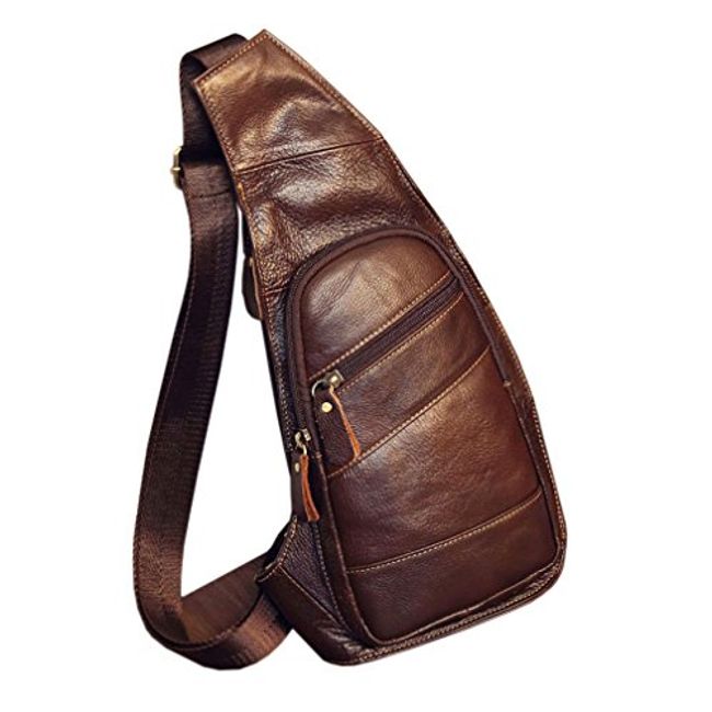 Mens Leather Sling Bag Crossbody Chest Bag Shoulder Bag Backpack Hiking  Travel