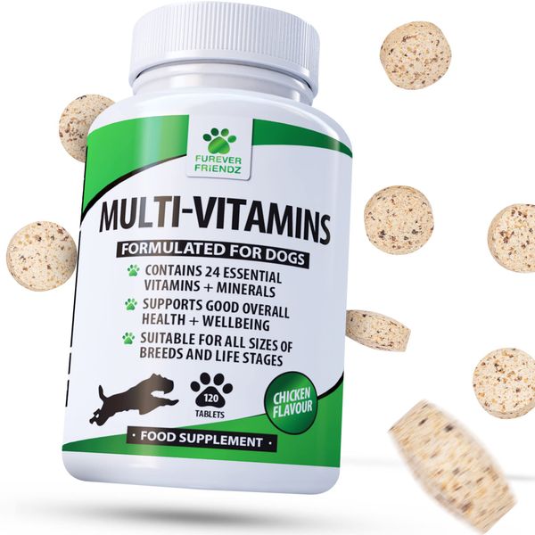 Furever Friendz Daily Multivitamin Dog Supplement - 120 Chewable Chicken Flavour Tablets – Dog Vitamins and Supplements - 24 Nutrients, Vitamins For Dogs Helps with Brain, Heart & Joint Function