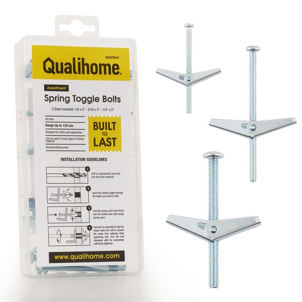 QUALIHOME Spring Toggle Bolt Assortments Kit - Toggle Drywall Anchors Kit for Hanging Items w/Hollow Walls & Ceilings - 1/8” x 2”, 3/16” x 3’’, 1/4” x 3'' Sheetrock Anchor for Frames, Shelves & More