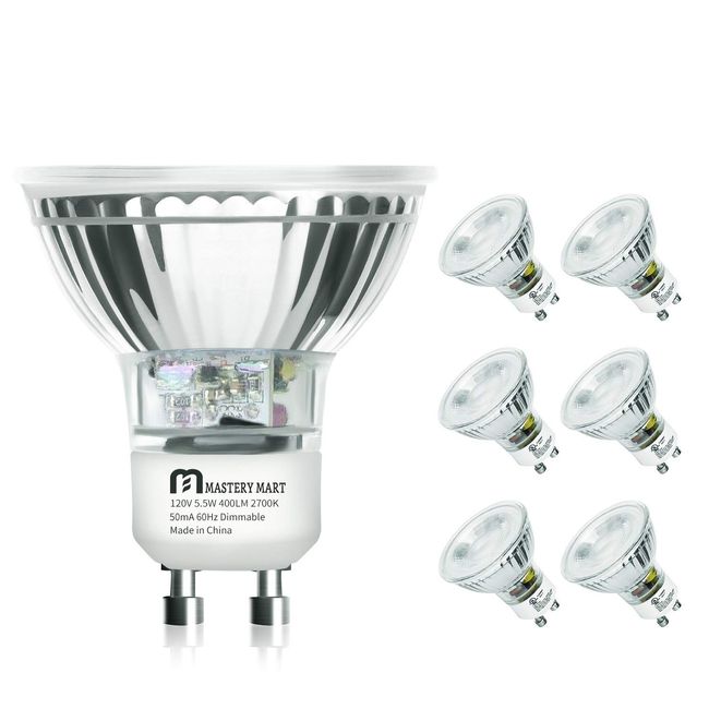 MASTERY MART LED GU10 Spotlight Light Bulbs, 50 Watt Equivalent, 5.5W  Dimmable, Full Glass Cover Reflector, 2700K Soft White, 25000 Hours, UL  Listed