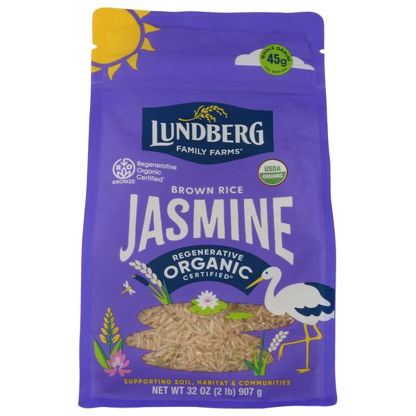 Lundberg Organic Jasmine Brown Rice – Long-Grain, Fluffy & Aromatic, Responsibly Grown in California, 32 Oz