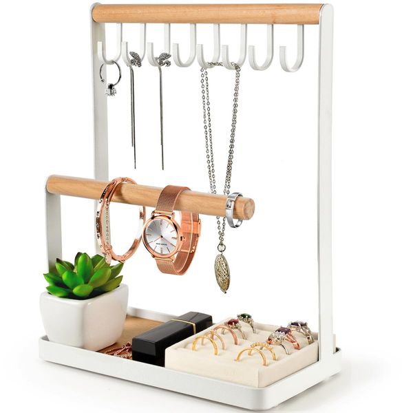 PAMANO Jewelry Stand Organizer with Velvet Ring Holder, 3-Tier Necklace Hanging Wooden Ring Storage Earring Tray, 8 Hooks Bracelets,Rings & Watches Display On Desk Tabletop - White