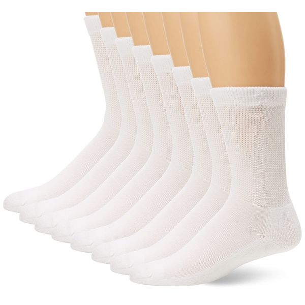 MediPEDS 8 Pair Diabetic Crew Socks with Non-Binding Top, White, Shoe Size: Men 6-9 / Women 7-10