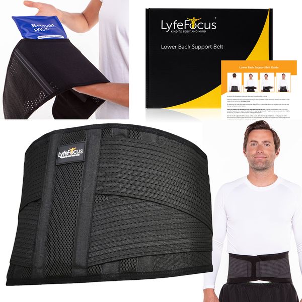 LyfeFocus Premium Adjustable Lower Back Support Belt for Men & Women - Breathable Lumbar Support Brace Supplied with Reusable Hot Cold Pack for Pain & Muscle Tension Relief (Check Size Table - XXL)