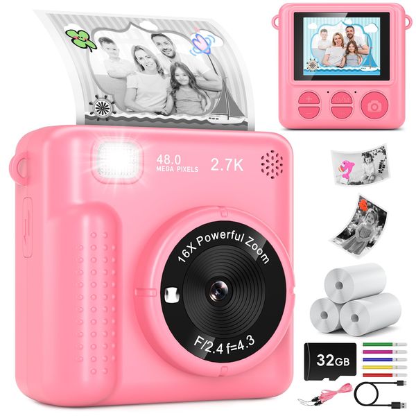 GREENKINDER Kids Camera Instant Print, Christmas Birthday Gifts for Boys Girls Age 3-12, 2.4-Inch/1080P Kids Digital Cameras, Portable Travel Toy for 3 4 5 6 7 8 9 10 Year Old Girls (Pink)