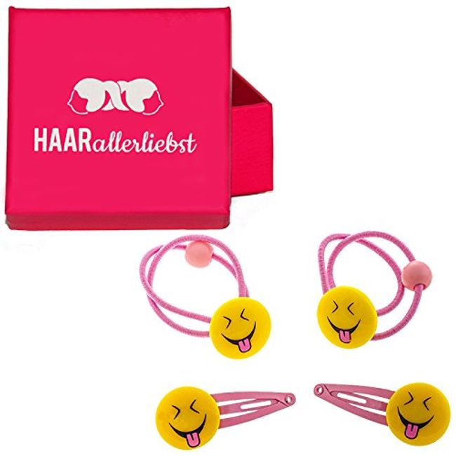 4 parçalı saç tokası ve saç lastiği ile set Dil Rausstreckenden Smiley Emojiler çocuklar için pembe Box von Haarallerliebst