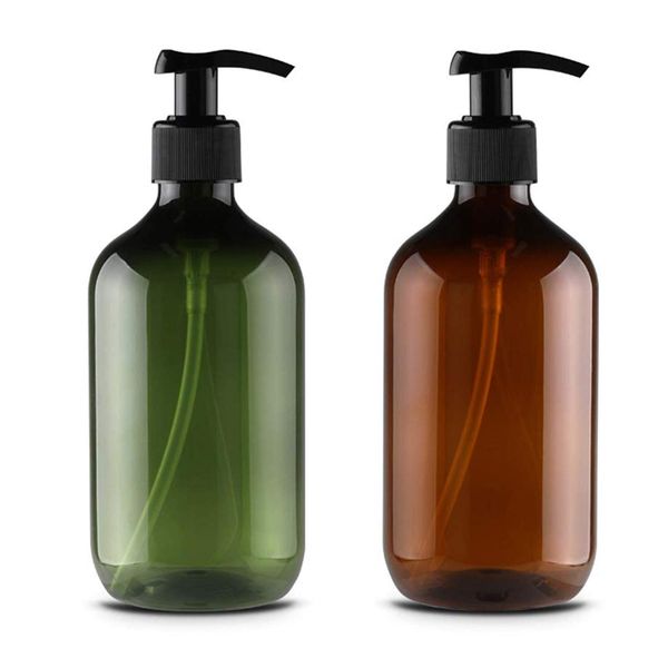 JamHooDirect 2Pcs 300ml/10oz Empty Plastic Pump Bottles, Refillable Lotion Shampoo Body Washing Cream Shower Gel Storage Holder Container Toiletries Liquid Dispenser (Green+Brown)