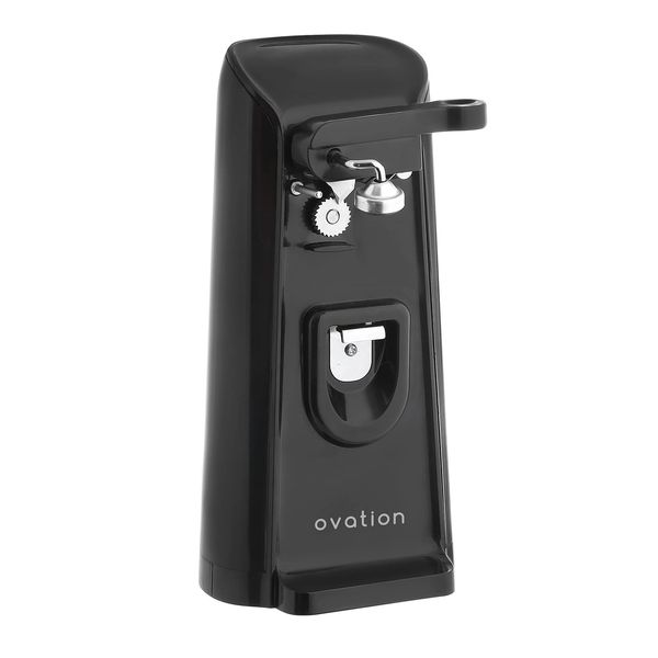 Ovation 3-in-1 Electric 80W Can Opener, Bottle Opener Tin Opener and Knife Sharpener, Multi Function, Cord-Storage, Hands Free Operation, Easy Clean, Sleek Black & Chrome Design