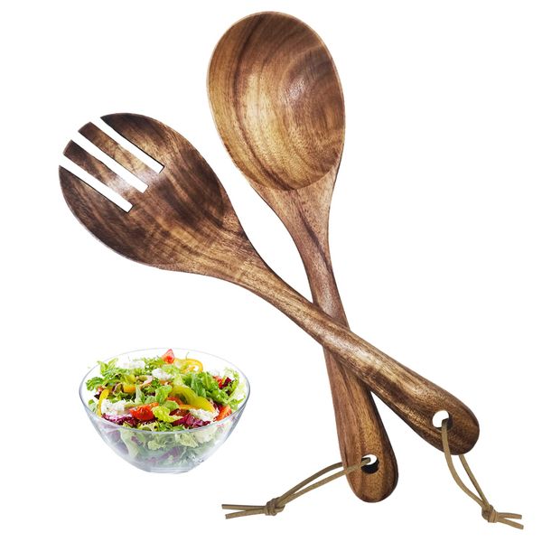 SwirlColor Salad Servers, 10inch Environmental Natural Teak Wooden Spoons Serving Spoon Fork for Salad Rice Soup in Family Kitchen Restaurant