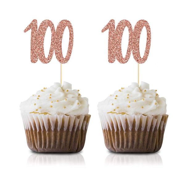 Rose Gold 100th Birthday Cupcake Topper, 24-Pack Number 100 Glitter Happy Birthday Party Cupcake Toppers, Decorations