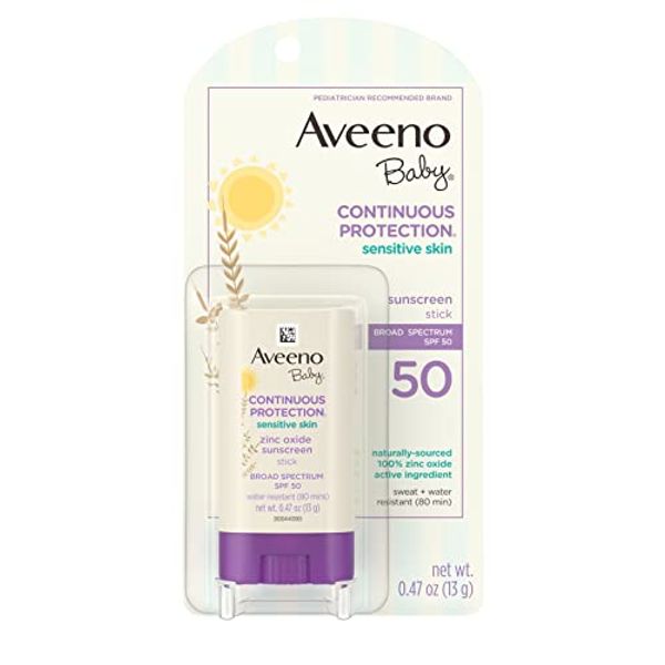 Aveeno Baby Continuous Protection Mineral Sunscreen Stick for Sensitive Skin with Broad Spectrum SPF 50 Protection for Face & Body, Naturally Sourced 100% Zinc Oxide, Travel Size, 0.47 oz