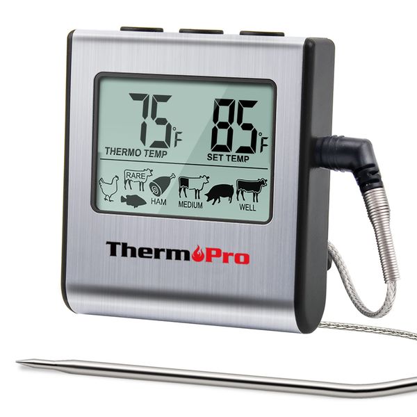 ThermoPro TP-16 Large LCD Digital Cooking Food Meat Smoker Oven Kitchen BBQ Grill Thermometer Clock Timer with Stainless Steel Probe