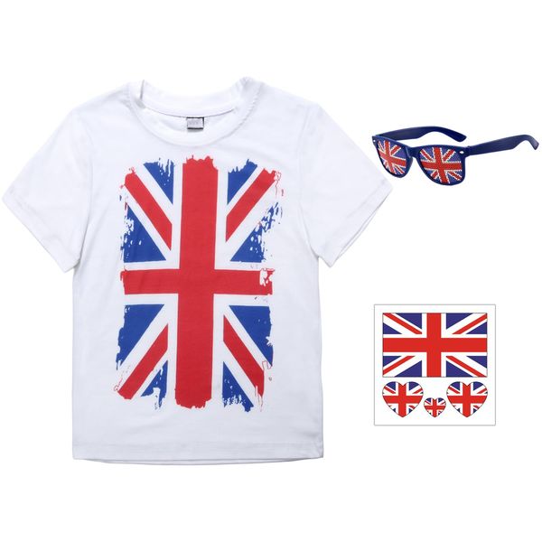 Alaiyaky Union Jack Tshirt Kids British Flag T Shirt England T-Shirt Top Unisex Children Union Jack Flags T Shirt Kings Coronation Royal Celebrations (Suit A, 140)