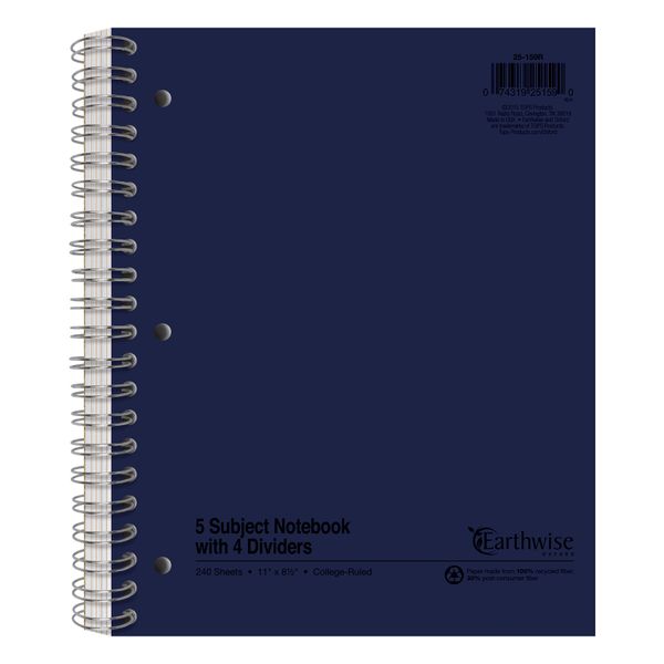 Earthwise by Oxford Recycled 5-Subject Notebook, 8-1/2" x 11", College Rule, 3-Hole Punched, 240 Sheets (25-159R)