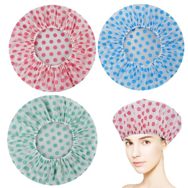 TCPENG® 3 Pack Shower Caps for Women, Waterproof Shower Caps Reusable Shower Hats Elastic Hair Bath Caps for Ladies Spa Salon