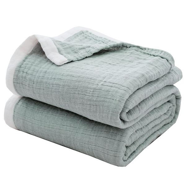 SE SOFTEXLY Cotton Muslin Blankets 4-Layer Linen Texture Blankets for Bed Couch,Thermal Blanket for Adults Lightweight Soft Breathable Throw Blanket for All Season Gauze Blanket(50"x60",Sage Green)