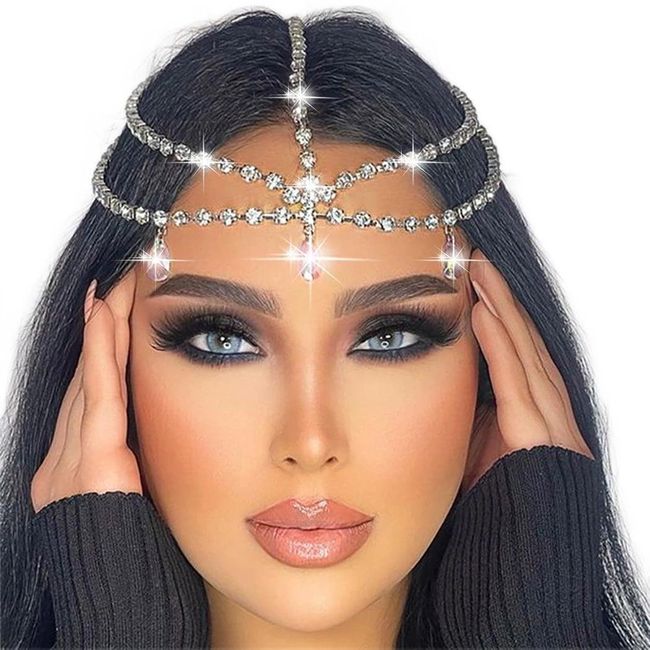 Jerany Wedding Head Chain Rhinestone Headpiece Jewelry Silver Hair Chain Festival Holloween Costume Bridal Hair Accessories Crystal Forehead Chain for Women and Girls.