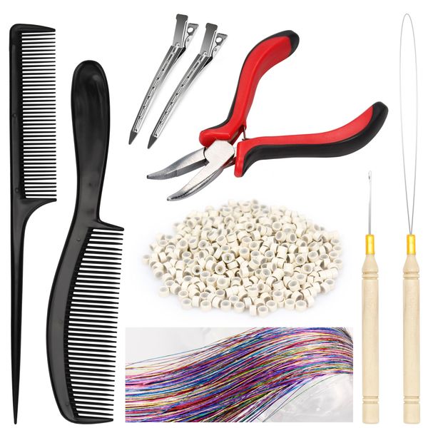 Beayuer Hair Extension Tool Kit, Needle Nose Pliers Pulling Hook Bead Device Tool Kits and 500Pcs Silicone Lined Micro Rings for Human Hair Extensions (500 Micro Rings, Blonde)