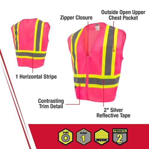 Radians SV22-1 Economy Type O Class 1 Safety Vest Size Large, Pink Mesh with Contrasting Tape - 1 Each