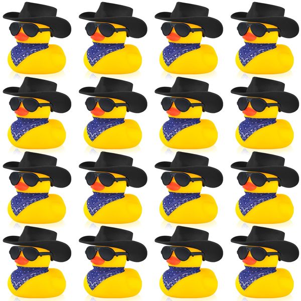 16 Set Mini Cowboy Rubber Duck with Cowboy Hat Scarf and Sunglasses Mini Yellow Duckies Bath Party Toy Mini Squeak Duck Bathtub Toys for Swimming Pool Baby Shower Birthday Party Gifts Decor (Black)