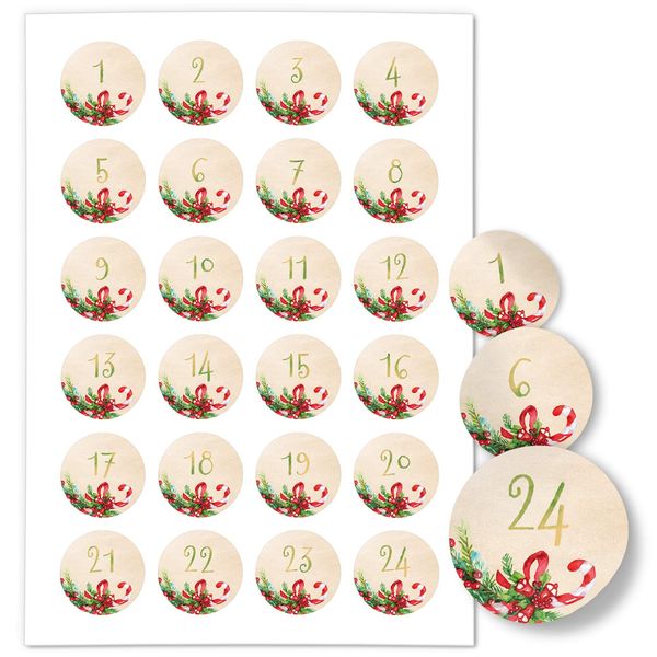 Adventskalender-Zahlen Aufkleber 1 bis 24 / Nostalgisch/Etiketten/Sticker/Weihnachtskalender/Advent/Rund/DIY/zum Aufkleben