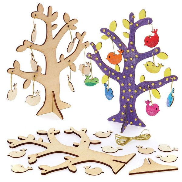 Baker Ross FC688 Bird Wooden Tree Kits - Pack of 2, Wood Craft Kits for Kids, Kids Painting Crafts, Nature Decoration, Gold