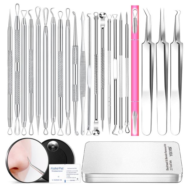 YOUYISI 22-teiliges Pickel Ausdrücken Werkzeug Mitesser Pinzette Pickel Set Pinzette für Mitesser Mitesserentferner Set Pimple Popper Kit Komedonenquetscher Profi Pickel-Ausdrück-Werkzeug!