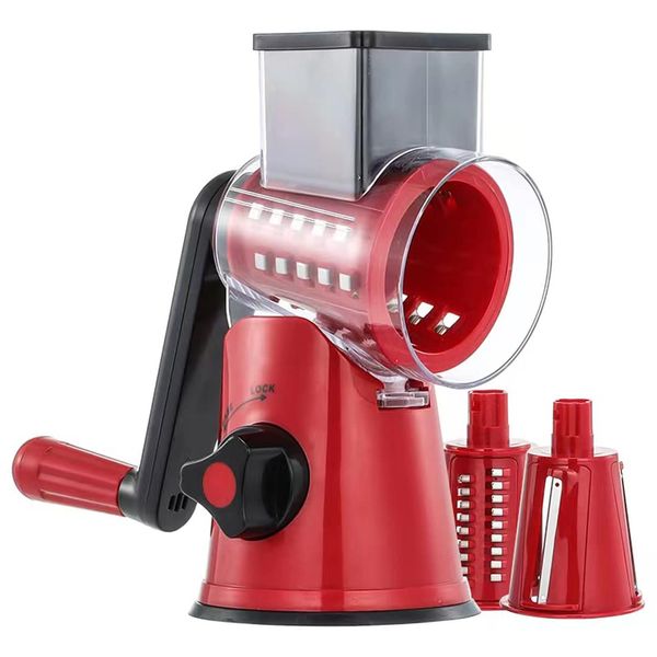 Rotary Cheese Grater Kitchen Mandoline Vegetable Slicer with 3 Interchangeable Blades, Rotary drum Slicer for Fruits Vegetables Nuts