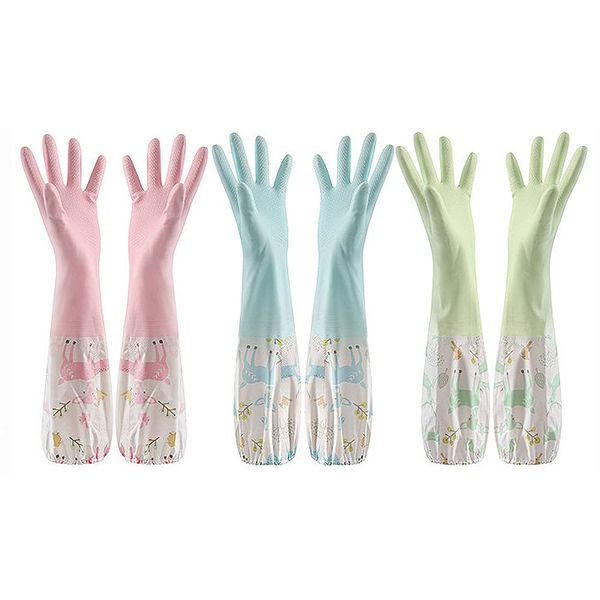 Refoiner Rubber Gloves, Kitchen Long, 3-piece Set, Stylish, Cute, Pattern, Dishwashing Gloves, Cooking Gloves, Work Rubber Gloves, Multi-Purpose, Thick, Waterproof, Cold Protection, Long Sleeve, Car