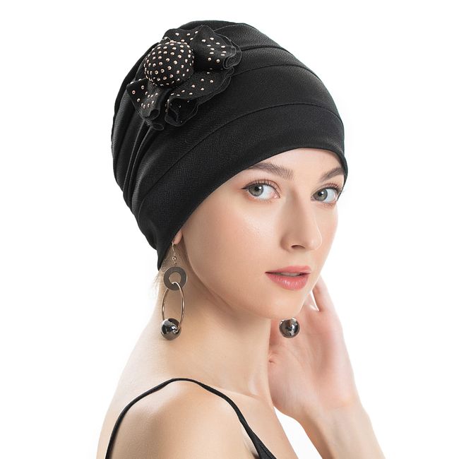 ZLYC Damen Summer Beanie Mütze Elastischer Chemo Hut mit Blumen(Festes Schwarz)