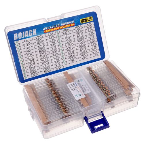 BOJACK Resistors Assortment Kit 1 Ohm - 1M Ohm 1/4W Carbon Film Resistor Kit (25 Values 1000 Pieces)