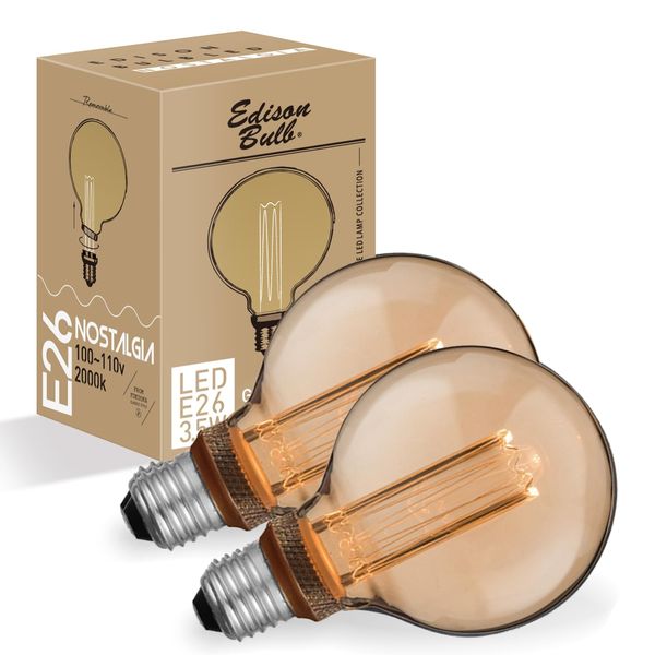 E26 Edison Bulb, LED Bulb, Nostalgia, Bright Type (GLOBE Gold), Set of 2, 20W Equivalent, Light Bulb Color, Bare Bulb, Edison Light Bulb