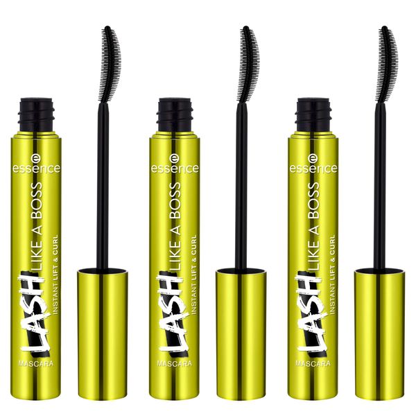 essence LASH LIKE A BOSS INSTANT LIFT & CURL MASCARA, Schwarz, langanhaltend, schwunggebend, sofortiges Ergebnis, vegan, ohne Mikroplastikpartikel, ohne Parfüm, ohne Alkohol, 3er Pack (3x9.5ml)