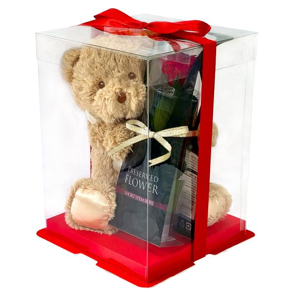 [zeal] Preserved Flower, Single Rose, Bear Plush, Present, Gift Box, Birthday, Anniversary, Girlfriend, Mother's Day, Celebration, Gift Card Included, Handbag Included, Surprise Teddy Bear (Red)