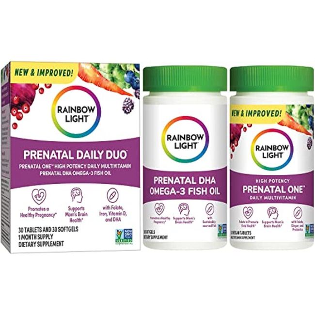 Rainbow Light Prenatal Vitamin, Vitamin C, D & Zinc, Daily Duo: Prenatal One Multivitamin for Women & Prenatal DHA with Folate, Omega-3 Fatty Acids, Gluten Free, 30 Tablets & 30 Softgels