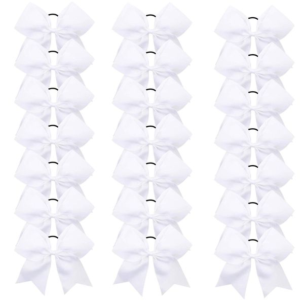 Oaoleer 21PCS 8" Large Cheer Bows White Bows Jumbo Cheerleader Bow with Ponytail Holder Elastic Band Handmade for Cheerleading Teen Girls College Sports