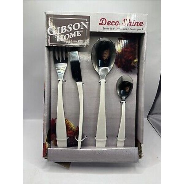 Deco Shine Flatware Set Gibson Home Sleek White Silver Service Four Open Box