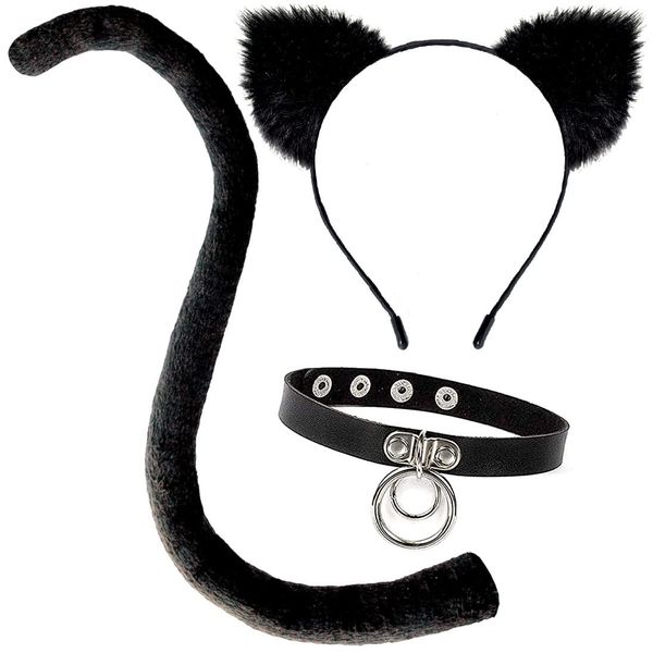 OLYPHAN Cat Costume Accessories Cat Ears and Tail Set Black Animal Halloween Accessory Kit for Women Cat Cosplay Pack with Choker Necklace