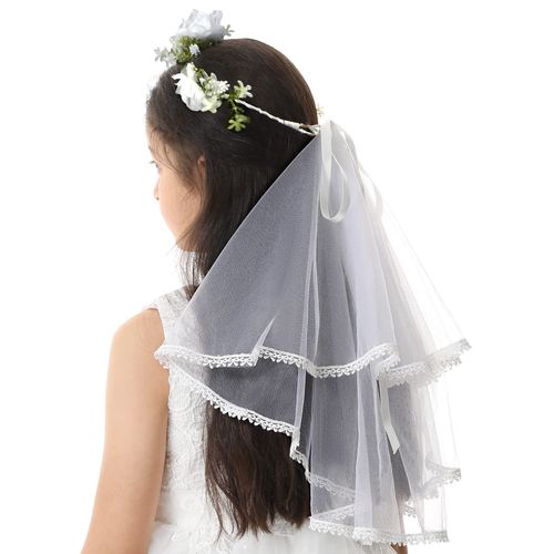 Mantveil Flower Girl Headband Veil: White Floral Garland Crown Hair Wreath Festival Wedding First Communion Headpiece with Veil for Girls