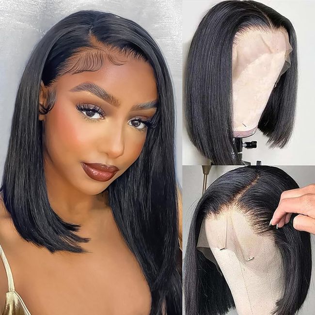 Bob Wig Human Hair 13x4 Hd Lace Front Wigs Human Hair Pre Plucked 180 Density Short Bob Wigs Lace Frontal Wig Glueless Wigs Brazilian Virgin Human Hair for Women with Baby Hair Natural Black 12 Inch