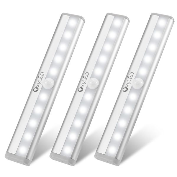 OxyLED Under Cabinet Lights, 10 LED Motion Sensor Lights Indoor, Wireless Stick-on Anywhere Battery Operated Motion Sensor Closet Lights, Under Counter Lights for Kitchen Pantry Cabinet Stairs, 3 Pack