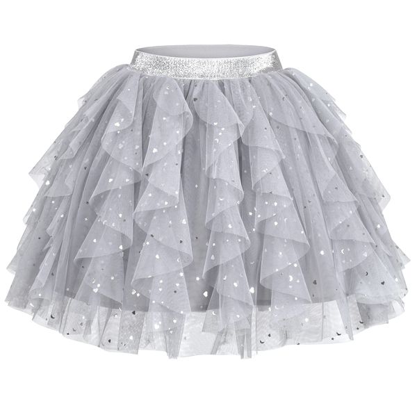 Mädchen Rock Grau Layered Rüsche Flauschige Tutu Prinzessin Party Geburtstag Gr. 128-134