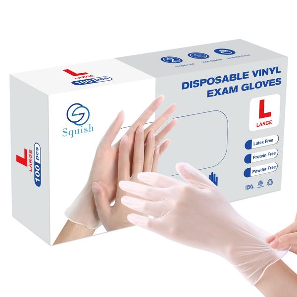 squish Disposable Gloves, Clear Vinyl Gloves Latex Free Powder-Free Glove Cleaning Rubber Gloves Health Gloves for Kitchen Cooking Cleaning Food Handling, 100PCS/Box, Large