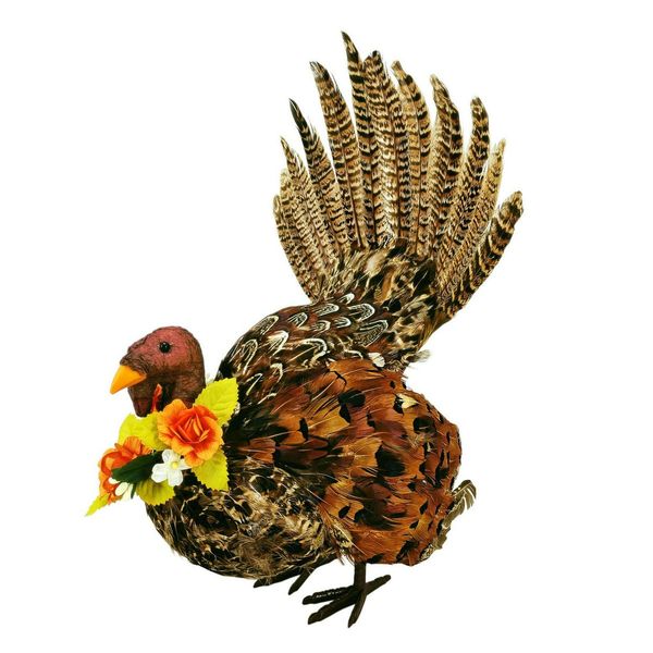 Nature Vibe 12.4 Inches Feathered Standing Turkey Decor,Realistic Turkey Figurines with Natural Feathers for Thanksgiving Decorations,Decorative Farm Animals as Fall Table Centerpieces