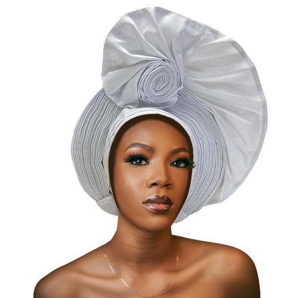 Nigerian for Women Turban Head Wrap African ASO Oke Gele Headties Femme Handmade Sewing Fashion Head Tie for Party (White)