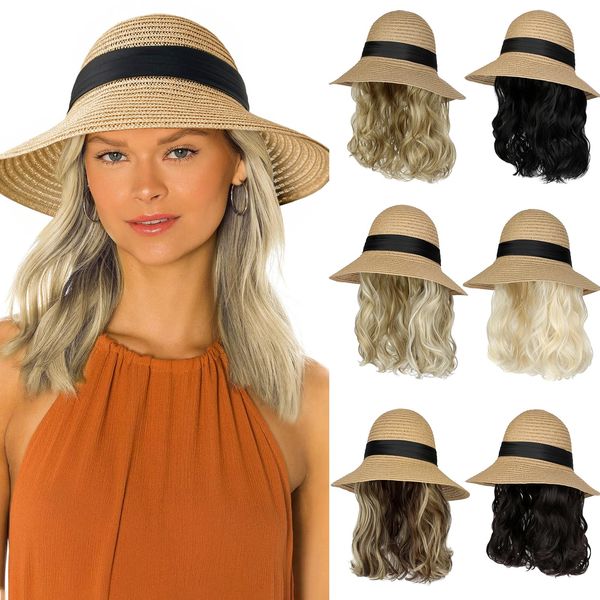 Lansigreen Sun Hat with Hair Extensions Hat Wig UPF 50+ Foldable Wide Brim Straw Beach Hat Attached 9" Wavy Hairpiece Synthetic for Women Summer Dark Black