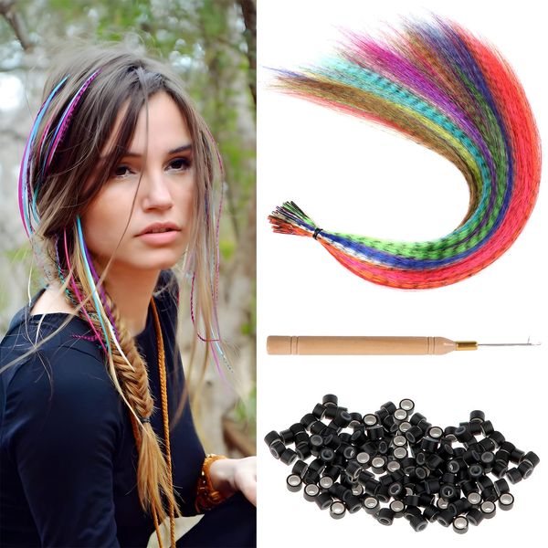 Kootinn Hair Feathers Extension Kit - 13 Colors Mixed Colors Colored Synthetic Feather Hair Extensions Kit (Not Real Feather) with 100 Pcs Silicon Micro Link Beads 1 Crochet Hook Tools Kit (17 Inch)