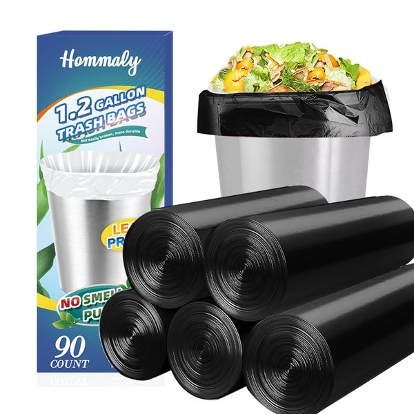 Hommaly 1 Gallon (1-1.2 Gal)90 pcs Small Black Trash Bags, Strong Garbage Bags, Bathroom Trash Can Bin Liners, Mini Plastic Bags for Office, Waste Basket Liner,Fit 3,4.5,6 Liters,0.5-1.2 Gal-Black