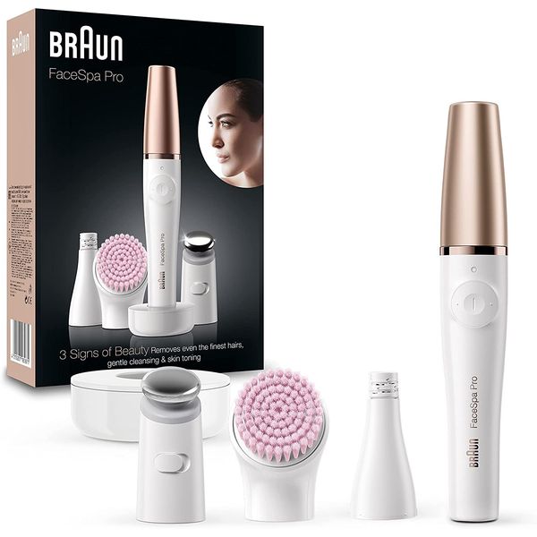 Braun FaceSpa Face Epilator, Hair Removal with Facial Cleansing Brush Head, Toning Head and Charger Stand, Wet and Dry, Gifts for Women, SE912, White/Bronze