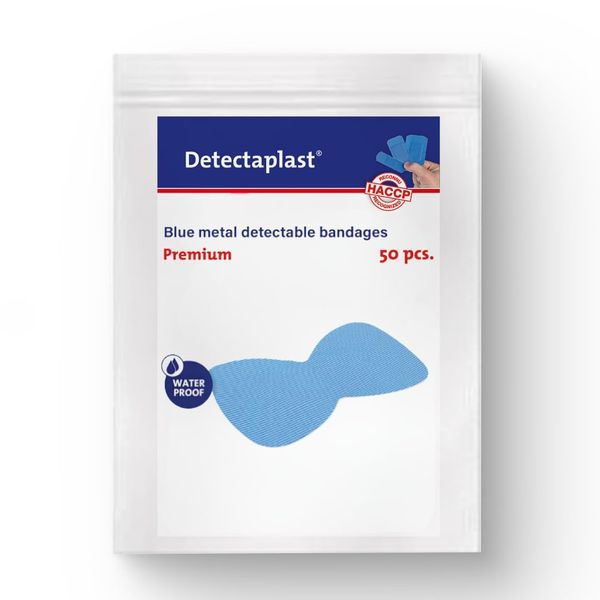 Detectaplast Blue plasters, Metal detectable and Waterproof plasters, Essential for Catering First aid kit in Food handling environments, Kitchen aid, 68 x 38 mm (Butterfly), 50 Strips